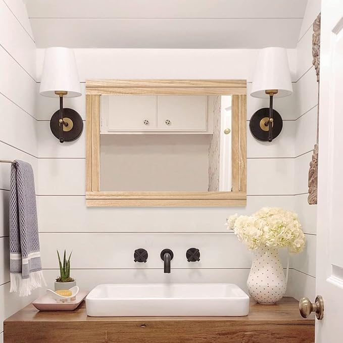 AAZZKANG Rustic Mirrors for Wall with Rectangular Wood Frame Decorative for Farmhouse Bedroom Bathroom Living Room Home Office Large 20"x16"