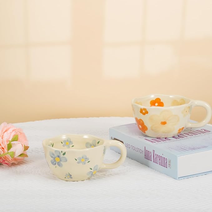 Koythin 2-Pieces Ceramic Coffee Mugs, Creative Cute Flower Cup for Office and Home, 8.5 oz/250 ml Aesthetic Mug for Latte Tea Milk (2 Orange Flower)