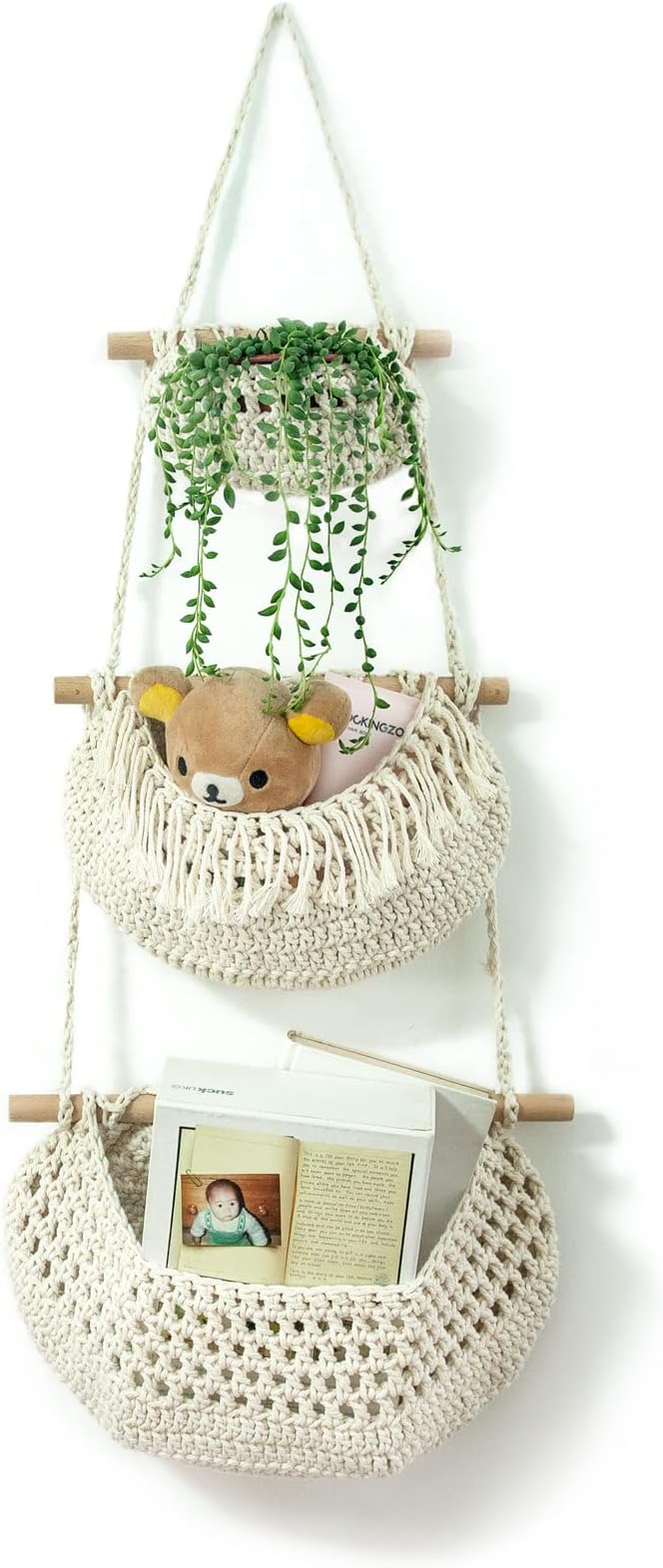Hanging Fruit Basket,3 Tier Over The Door Organizer, Handmade Woven Cotton Rope Wall Hanging Baskets for Organizing, Boho Wall Basket Decor, Storage Baskets for Kitchen