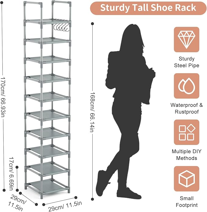 Narrow Shoe Rack 10-Tier Tall Shoe Organizer Skinny Shoe Shelf Storage for 10-15 Pairs Shoe and Boot, Space Saving Corner Shoe Rack Organizer for Closet, Entryway, Living Room, Grey