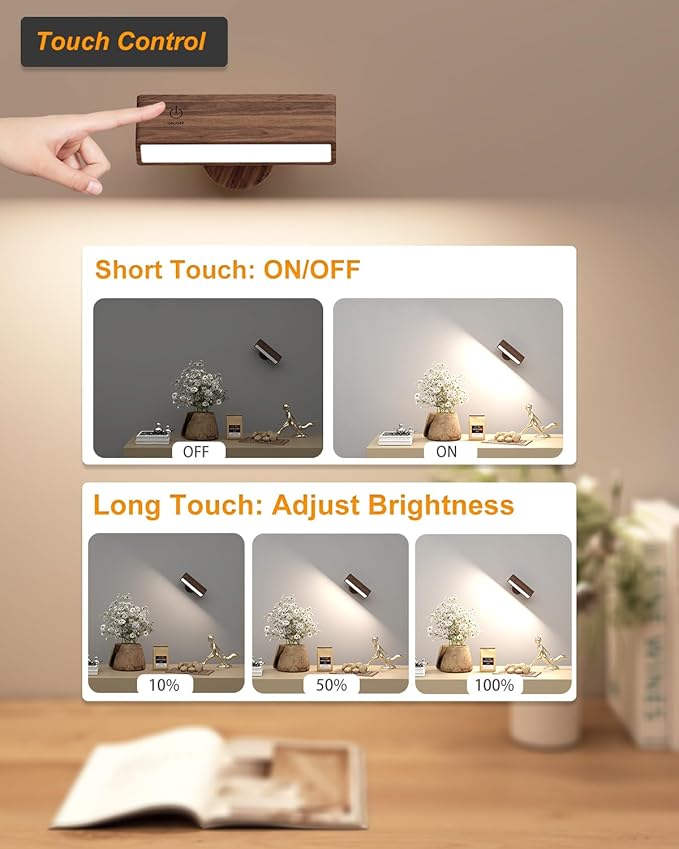 Battery Operated Wall Sconces Set of 2,Rechargeable Wall Lights Wood,Stick On Wall Lights for Bedroom,Wall Mounted Bedside Reading Lamps Dimmable,Battery Powered Wall Lamp for Bedroom