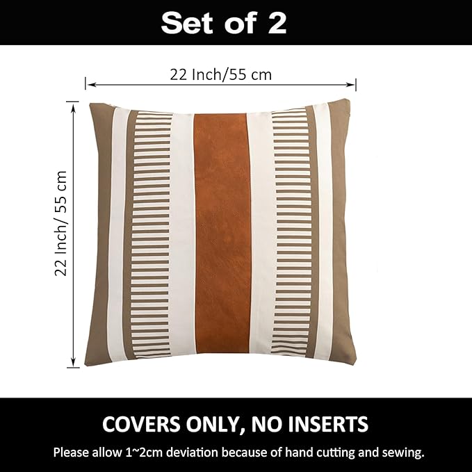 Set of 2 Farmhouse Striped Pillow Cover 22x22 for Living Room Bedroom Square Decorative Pillow Case for Sofa Couch Bed,Modern Faux Leather Accent Cushion Cover Boho Home Decor
