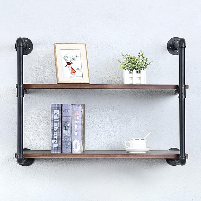 Industrial Pipe Shelving Wall Mounted,30in Rustic Metal Floating Shelves,Steampunk Real Wood Book Shelves,Wall Shelf Unit Bookshelf Hanging Wall Shelves,Farmhouse Kitchen Bar Shelving(2 Tier)