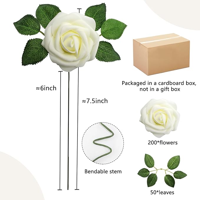 200PCS Milk White Artificial Flowers Roses Real Looking Foam Fake Roses with Leaves for DIY Wedding Bouquets Bridal Shower Party Decorations (Ivory, 200)