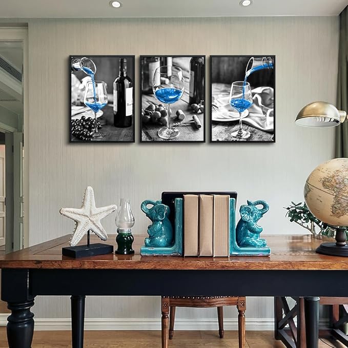 TTHYUEWS Black Framed Wall Art For Kitchen Modern Wall Decor For Dining Room Black And White Wall Paintings Blue Wine Glasses Pictures Prints Artwork Ready To Hang For Restaurant Home Decor 3 Piece