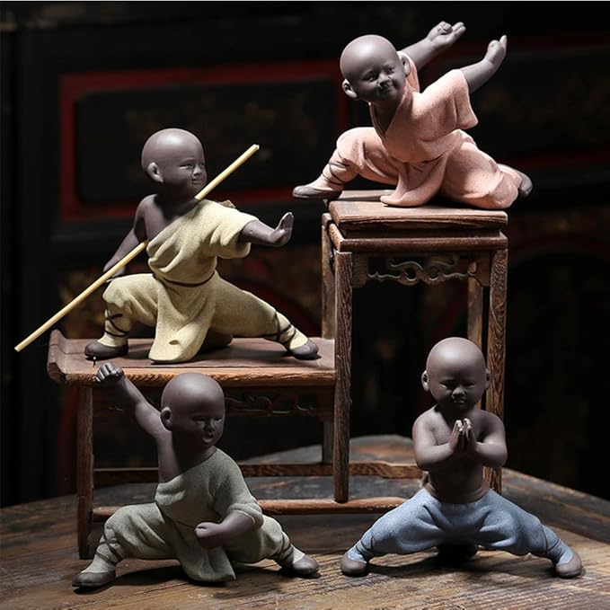 Kingzhuo Ceramic Cute Buddha Statue Adorable Monk Figurines Delicate Chinese Four Style Kung Fu Monks Set of 4 Monk Sculptures for Home Decor Tabletop Display Ornaments Decoration 4.7in in Height