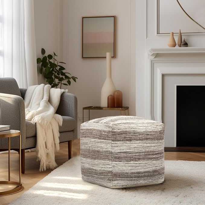 COTTON CRAFT Handwoven Stripe Dhurrie Pouf - Ottoman Foot Stool Bean Bag - Dorm Bedroom Home Décor - Accent Seating - Boho Modern Comfortable Prefilled Cotton Pouf Footrest - 16 inch Square - Grey