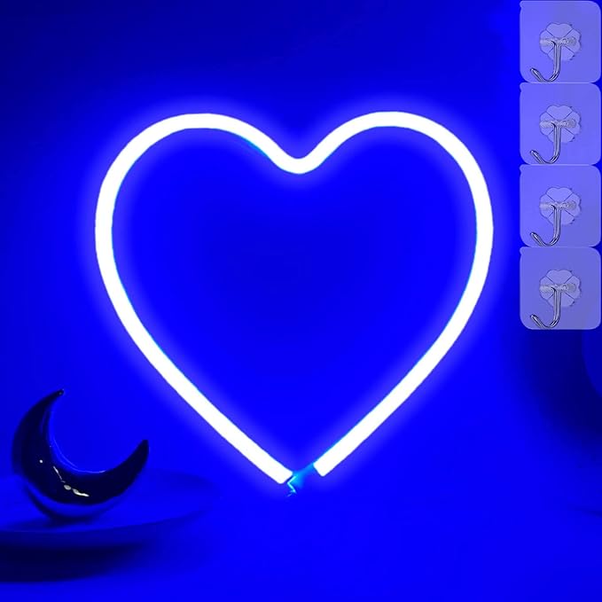 Heart Shaped Lights Blue Heart Neon Light Valentine Heart Lights, Heart Lights Plug in Valentines Led Lights, Hanging Heart Sign Heart Window Light, USB/Battery Operated Heart Lights(Blue)
