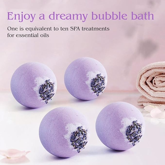 Dried Flower Bath Bombs Salt Balls,4 Pack Gift Set,Lavender Extract Essential Oils,Moisturizing Dry Skin,Fizzy Spa,Relaxation,Self Care,Relaxing,Bubble Bath Bomb Gifts Idea for Men Women