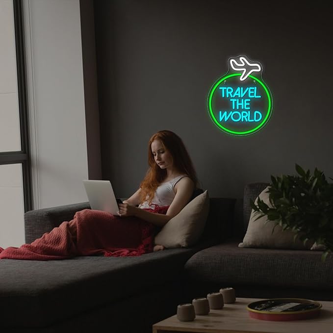 Lucunstar Travel the World Neon Sign Green Neon Lights White LED Sign Airplane Neon Signs for Wall Decor LED Lights Neon Light Sign for Bedroom Bar Man Cave Neon Wall Signs for Teen Neon Rope Light