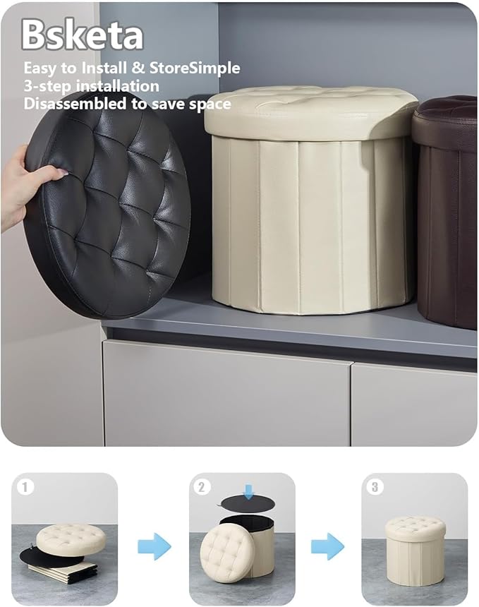 Bsketa® Ottoman with Storage, Foot Rest Stool with Thicker Foam Padded Seat Leather Small Round 14“ x 14” x 13 "Inchs Storage Ottoman Bench for Living Room Foldable Pouf Coffee Table 2 Pack,Beige