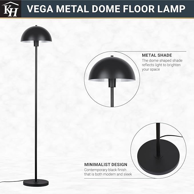 Kenroy Home Vega Black Metal Dome Floor Lamp with Sleek Modern Design and Round Metal Shade for Living Rooms, Offices, and Bedrooms