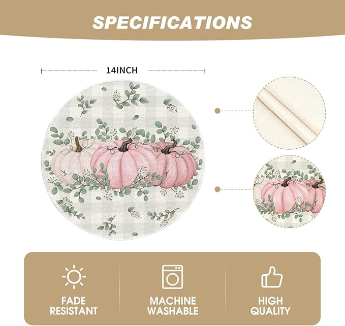 Artoid Mode Pink Pumpkins Fall Round Placemats Set of 4,14 Inch Eucalyptus Thanksgiving Seasonal Round Place Mats for Party Dining Decoration
