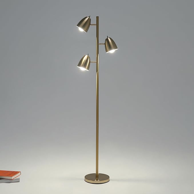 Brightech Jacob LED Standing Lamp, Modern Bright Floor Lamps for Living Rooms & Bedrooms, Tall LED Lighting Lamp with Adjustable 3 Light Tree – Antique Brass/Gold