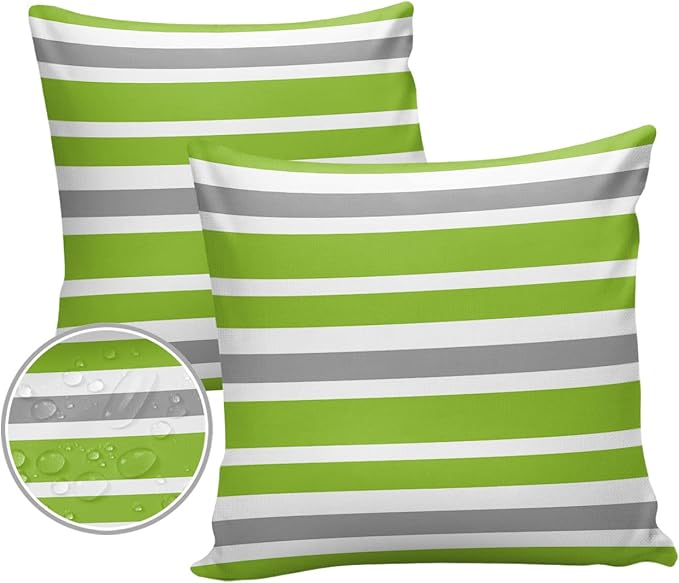 Outdoor Waterproof Throw Pillow Covers Set of 2 Grey Green Stripes Decorative Outdoor Pillows Cushion Case 26x26 Inch Classic Striped Patio Pillows for Couch Sofa Bed Garden Office Home Decor