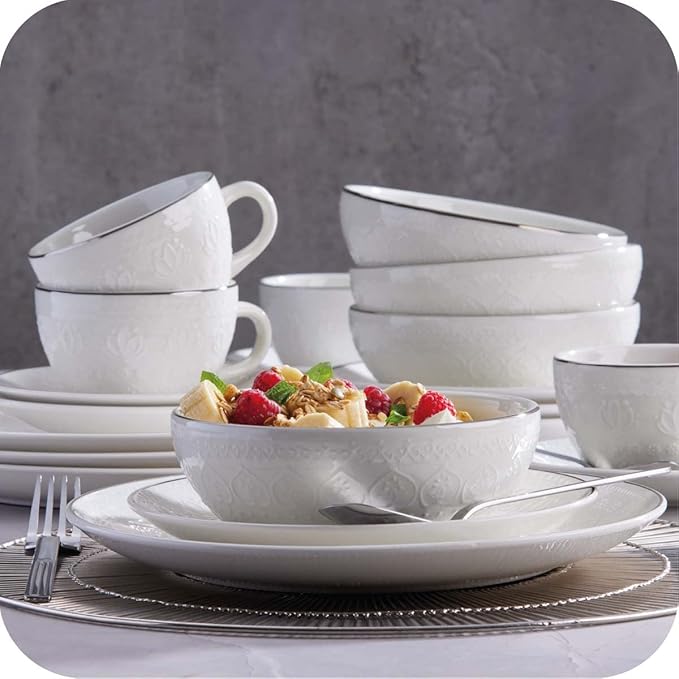 Corona 20–piece Silver-Rim Elegant Embossed Floral Pattern Ceramic Dinnerware Sets, Plates Bowls and Cups, Service For 4, Harmony