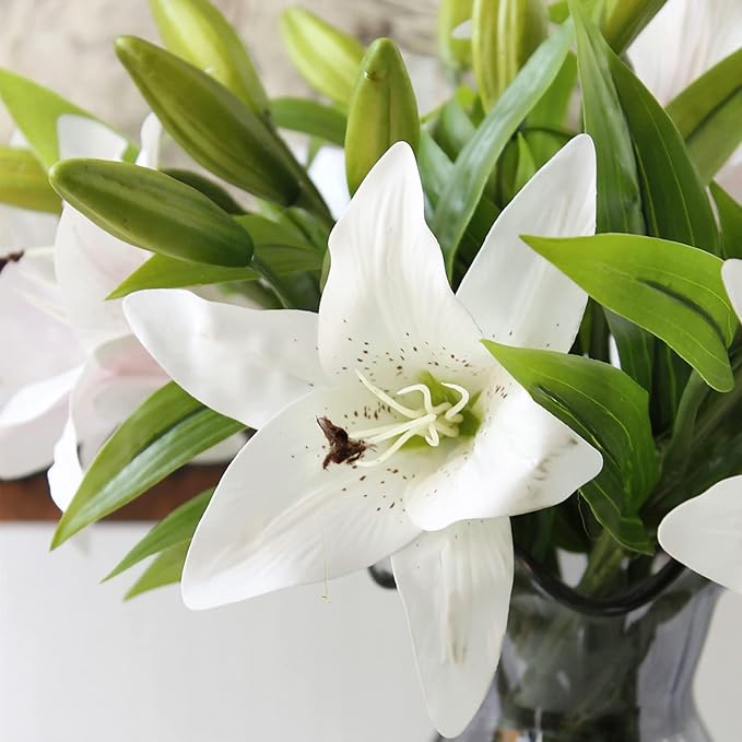 Hananona 8 Pcs Artificial Tiger Lily Real Touch Easter Lily Fake Spring Flowers for Wedding Home Party Easter Decoration Plastic Cemetery Faux Flowers (White, 8)