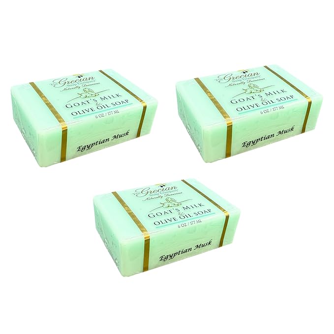 Grecian Goats Milk & Olive Oil Soap Bar 3-pack Egyptian Musk Scent: Handmade, All-Natural, Soap for Dry & Sensitive Skin, Anti-Aging, pH-Balanced, RSPO Sustainable - 6oz Bar