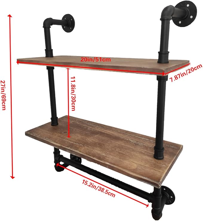 Industrial Pipe Shelf,2 Tiered Metal Towel Racks for Bathroom,20" Industrial Pipe Floating Shelves Shelving,Rustic Wood Wall Mount Shelf with Bar,Iron Towel Holder