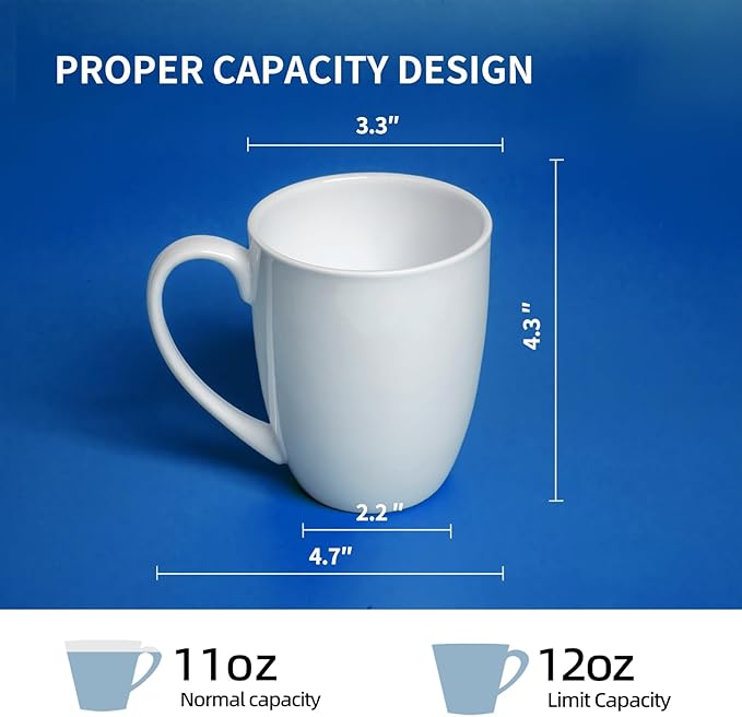 Plain White Fine Bone China Blank Coffee Mugs Set of 2, 11 Oz Tea Cups with Large Handle, Lightweight Ceramic Coffee Mugs, Aesthetic Coffee Cups