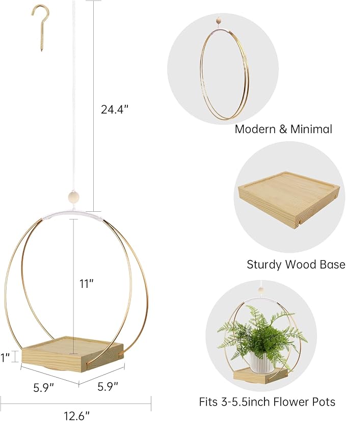 Hanging Planter for Indoor Plants, Plant Hanger with Sturdy Wood Base,Modern Boho Macrame Plant Hanger,Wall Ceiling Window Stands(Plants/Pots Not Included)