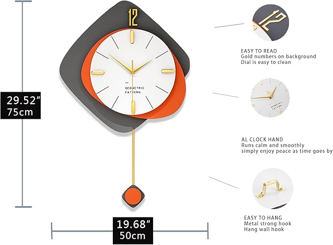 FLEBLE Large Wall Clocks for Living Room Decor Big Modern Decortive Wall Clock with Pendulum Battery Operated for Home Bedroom Office Kitchen 20 inch Unique Wood Hanging Clock Silent Non-Ticking