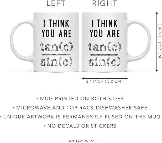 Andaz Press Valentine’s Day Funny 11oz. His Her Couples Coffee Mug Gift, I Think You Are Tan(c) Sin(c), 1-Pack, Gift Box