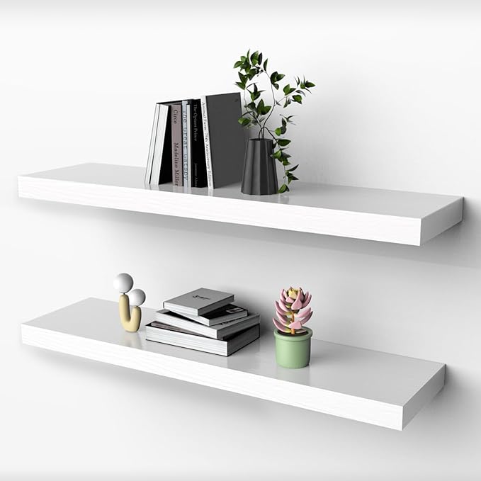 Habudda Floating Shelves for Wall, Natural Wood Shelf, 30 inch Long, White Wooden Rustic Decor for Bathroom Kitchen Bedroom, Hanging Mounted Invisible Bracket, Set of 2
