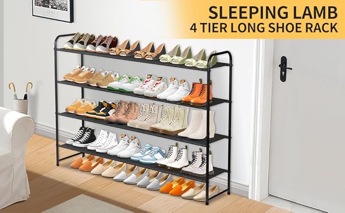 SLEEPING LAMB Long 4-Tier Shoe Organizer for Closet, Stackable Wide Shoe Rack Holds 30-Pairs Low Shoe Shelf Storage for Bedroom, Floor, Entryway(Black)