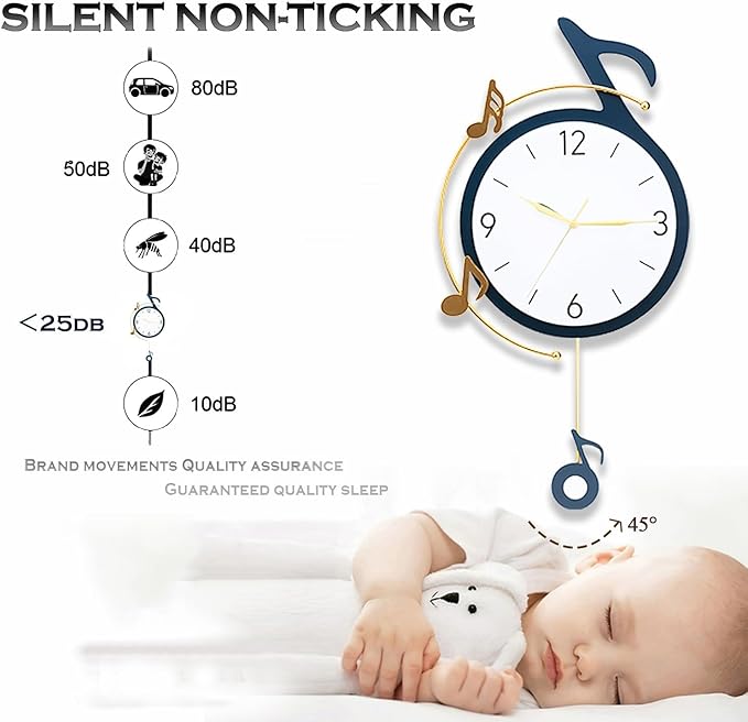 Decorative Quartz Wall Clock with Pendulum, Battery Operated, Music Note Art for Living Room, Kitchen, Home, Bathroom, Bedroom Decor, 12.6x22 Inch