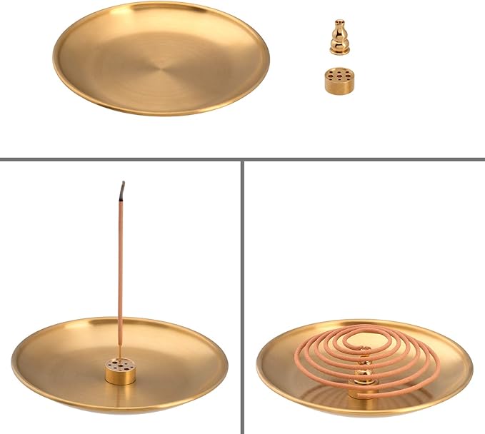 OIIKI 3 in 1 Stick Incense Burner, 5.5 Inch Brass Incense Holder, Alloy Cone Ash Catcher for Indoor Outdoor Use