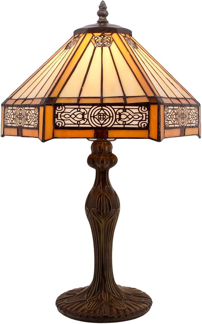 WERFACTORY Tiffany Lamp Yellow Hexagon Stained Glass Mission Style Table Lamp Desk Bedside Reading Light 12X10X18 Inches Decor Bedroom Living Room Home Office S011 Series