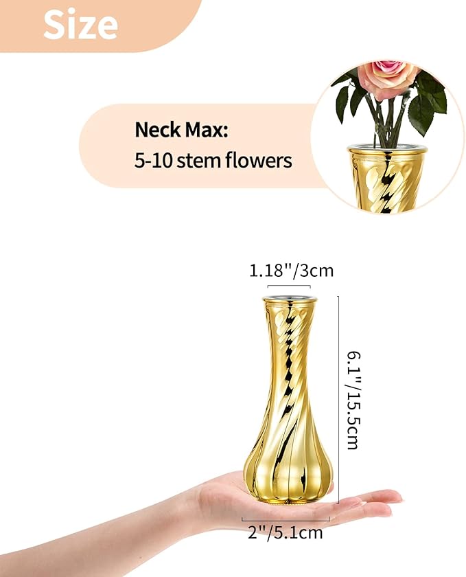 NUPTIO Glass Bud Vase Gold: 12 Pcs Small Flower Vases for Wedding Party Table Centrepiece - Vintage Ribbed Vase for Home Birthday Reception Decorations