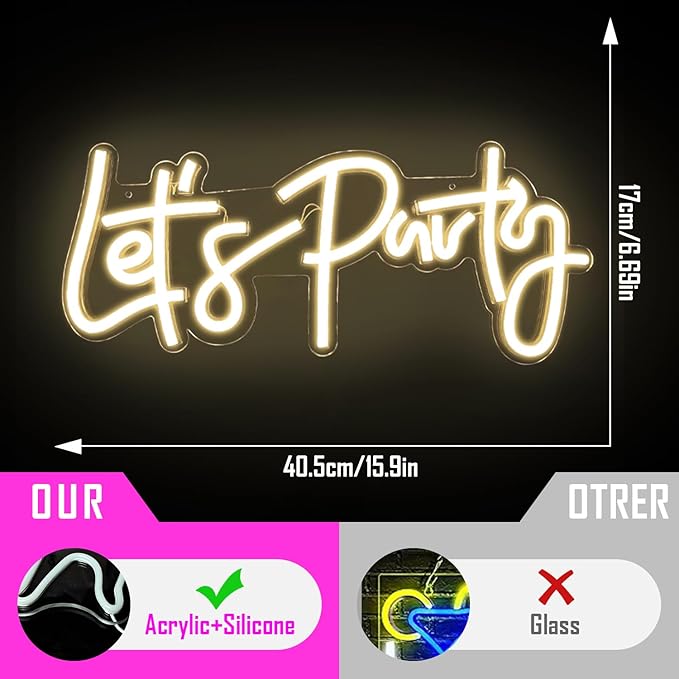 Ajoyferris Let's Party Neon Signs Dimmable Neon Light Sign for Wall Decor 16''x 7'' Word LED Neon Sign Art Decorative Lights for Bachelorette Engagement Party Birthday Wedding Party Warm White