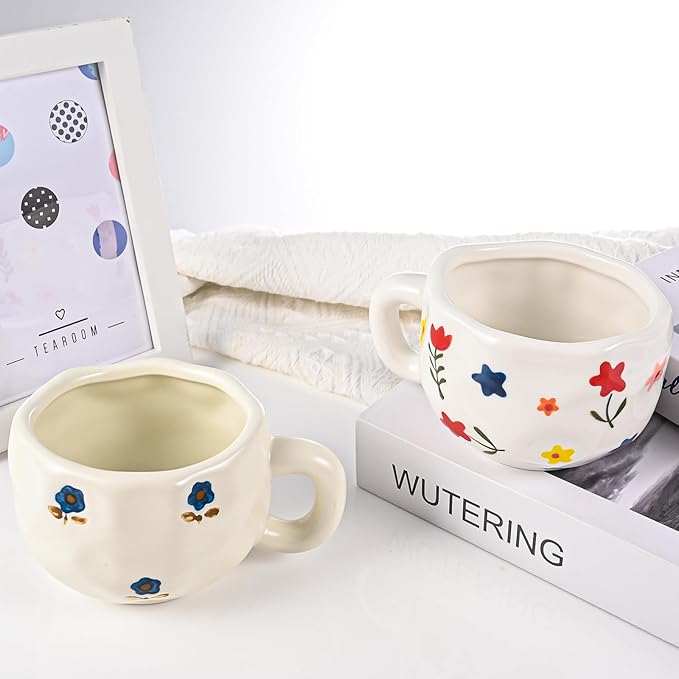 Coffee Mugs Set of 2, Ceramic Coffee Mug with Blue and Pink Floral, 10 oz Aesthetic Latte Art Cups with Handle, Cute Painted Flower Cup for Cappuccino, Cocoa, Espresso - Microwave and Dishwasher Safe
