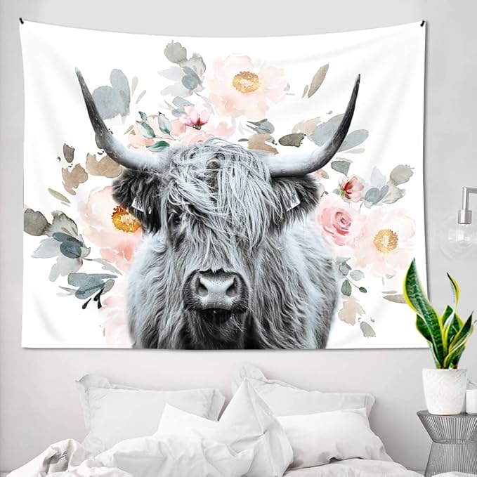 AMBZEK Highland Cow Tapestry Floral 51Hx59W Inch Western Country Wall Art Funny Tapestry Bull Cattle Rustic Farmhouse Wildlife Flowers Cute Animal Farm Wall Hanging Bedroom Living Room Decor Fabric