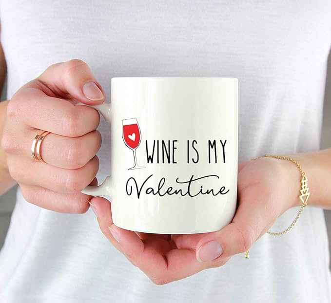 Andaz Press Valentine’s Day Funny 11oz. His Her Couples Coffee Mug Gift, Wine Is My Valentine, Glass Graphic, 1-Pack, Gift Box