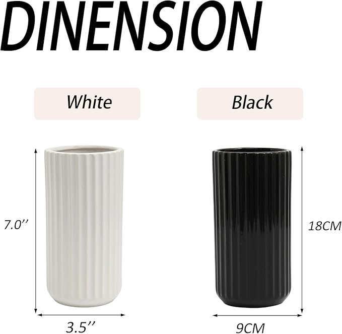 White Ceramic Vase for Flowers, Modern White Vase for Home Decor, Tall Ribbed Vase for Living Room, Office, Mantel, Bookshelf, Dining Table, 8 inches