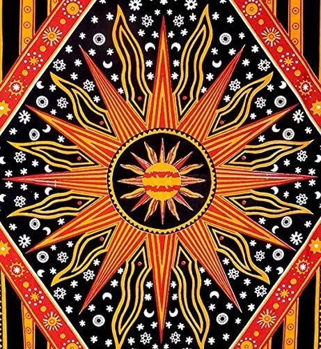Hippie Mandala Sun and Moon Maditation Poster Wall Hanging Tapestry For Bedroom Indian Golden Burning Sun Stars Psychedelic Popular Mystic Beach Blanket 54 x 60 Inch