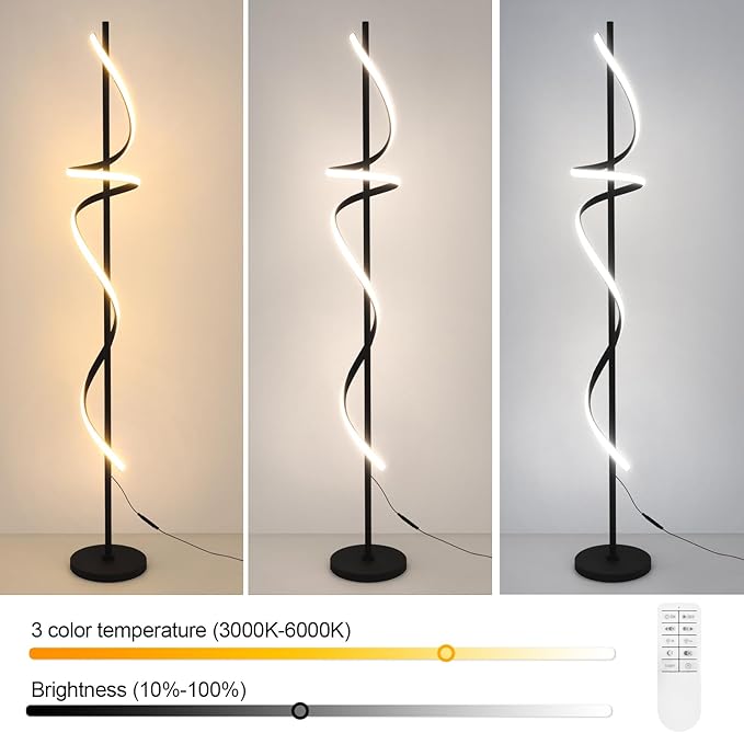 Modern Spiral Floor Lamp with Remote Control, 48W LED Floor Lamps for Living Room, 3 Colors Dimmable Tall Standing Lamp for Living Room, 60'' Modern Floor lamp for Bedroom Black