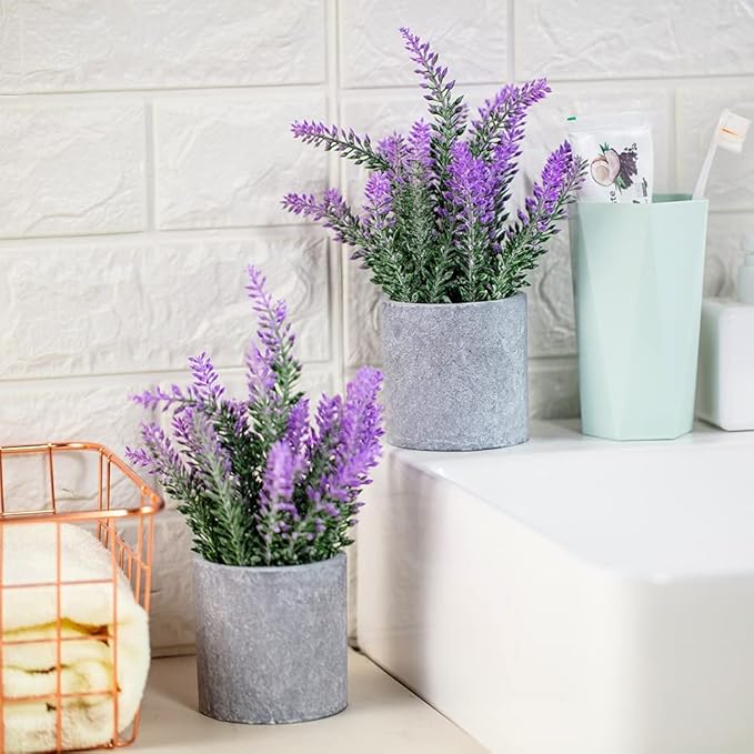 CADNLY Artificial Lavender Plant in Pots - Faux Lavender Flowers Decor – Fake Flowers Purple Decor Plant Potted Bathroom Bedroom Kitchen Farmhouse Home 2 Pack