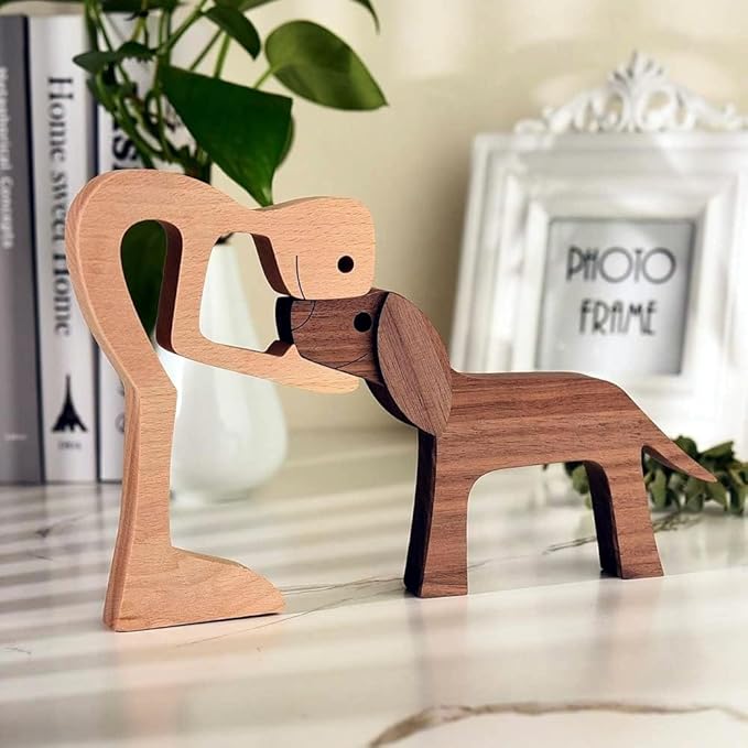 FHDTW Handmade Wooden Unique Gift for Dog Lover, Wooden Man and Dog Carving Statue, Wood Sculpture Home Office Tabletop Figurine Carved Wood Decor (A)