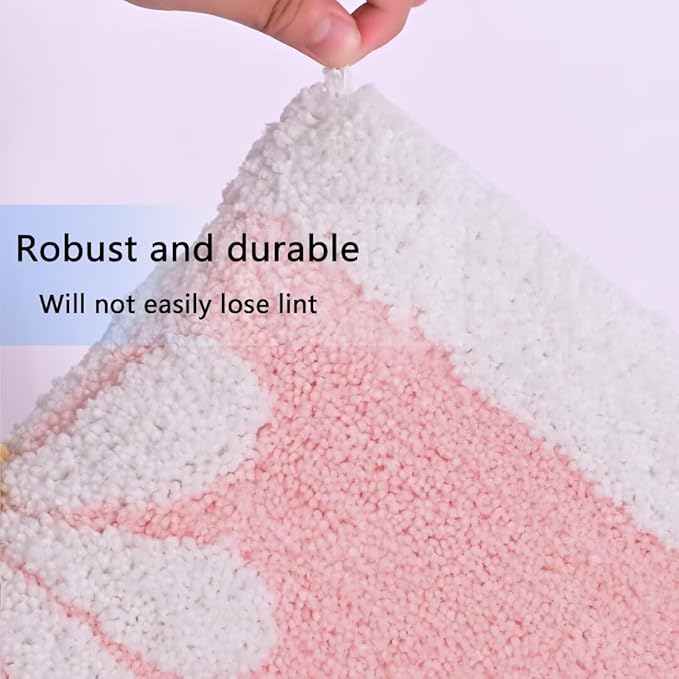 Fluffy Soft Superfine Fiber Bath Rugs, White Flower - Non Slip, Machine Wash, Plush Mat for Bathroom & Shower Room (16" 24", Pink)