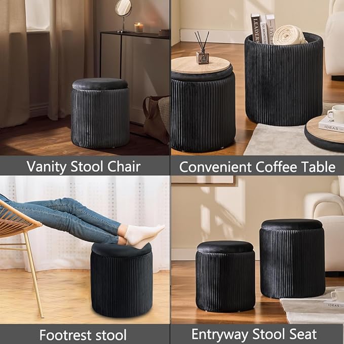 Round Set of 2 Ottoman with Storage-Upholstered Velvet Vanity Stool for Makeup Multifunctional Ottomans Coffee Table Padded Seat Foot Rest for Living Room&Bedroom (Black)