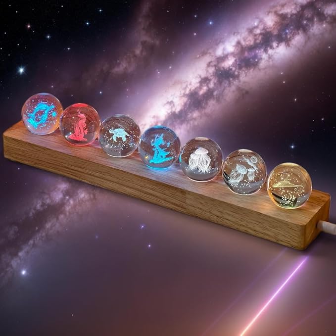 3D Crystal Laser Ocean Light Up Decorative Balls with LED Wooden Base - 7 Glass Laser Balls, Night Light Decoration for Home, Kids Room Gifts for Women