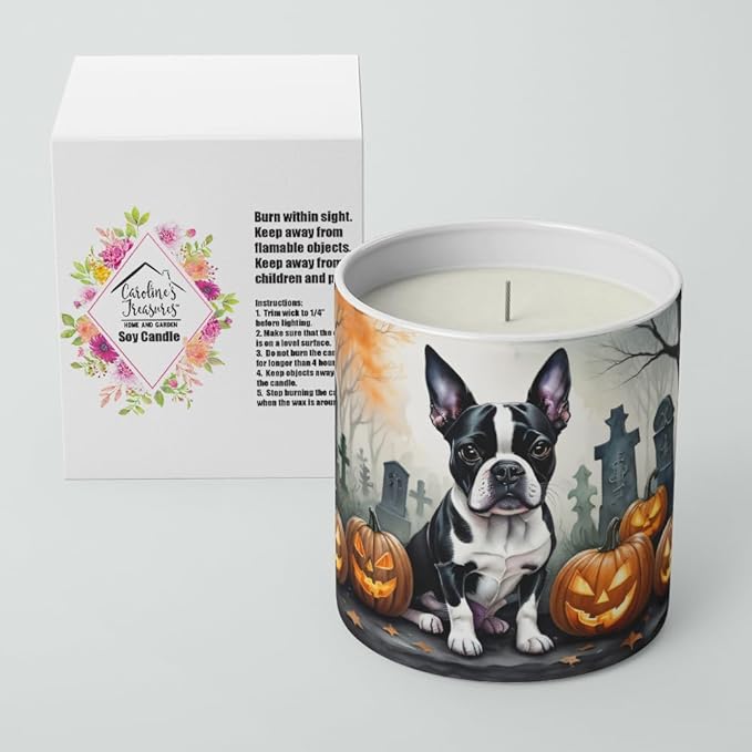 Caroline's Treasures DAC2022CDL Boston Terrier Spooky Halloween Decorative Soy Candle Nature Soy Wax Essential Oil Home Decor Ideal for Bedroom Kitchen Bath Office Gift, 10 oz