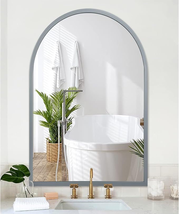 Large Arched Wall Mirror Aluminum Alloy Frame Bathroom Mirror Brushed Metal Vanity Wall Mounted Mirror for LivingRoom Bedroom Entryway Room Home Decor 36"x24"