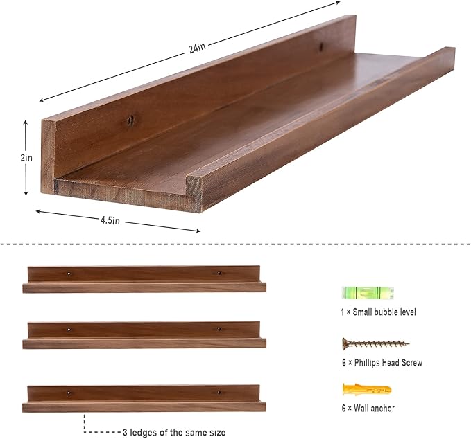 MBYD Floating Wall Shelves Wood Photo Picture Ledge Shelf, 24 Inch Light Walnut Nursery Kids Bookshelf 3 Same Sizes, Kitchen Spice Rack Bathroom Storage Shelves, Wall Mounted Shelves for Bedroom