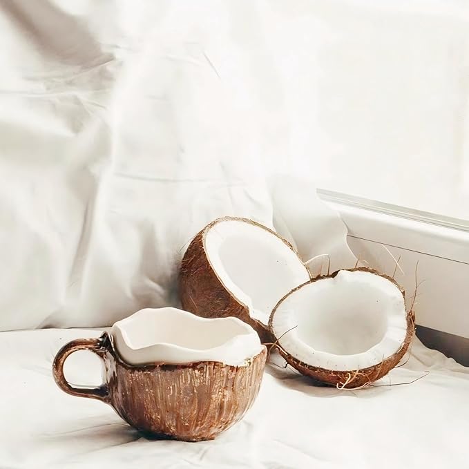 Ceramic Coffee Mug With Spoon, Coconut Cup, Novelty Mugs, Aesthetic Cups, Elegant Gift for Home Office, About 8.5-10 oz