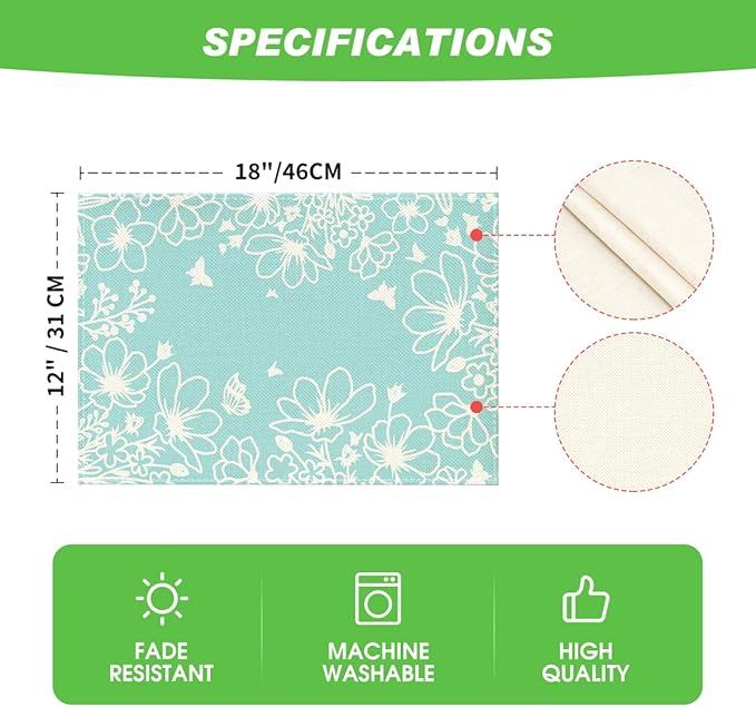 Artoid Mode Blue Bloom Flowers Summer Placemats Set of 4, 12x18 Inch Seasonal Spring Table Mats for Party Kitchen Dining Decoration